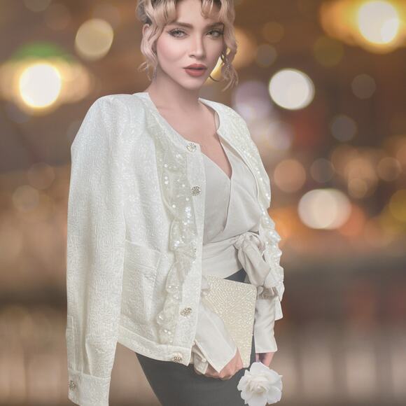 Rare 2023 CHANEL Sequin Ruffle Jacket | Sunburst Strass Buttons, Ivory Jacquard - Picture 6 of 16